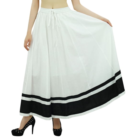 Bimba Women's Long Maxi Skirt With Contrast Border Boho Skirt With Elastic Waist