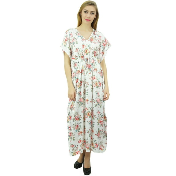 Bimba Women's Long Satin Maxi Drawstring Floral Kaftan Kimono White Gown - 24
