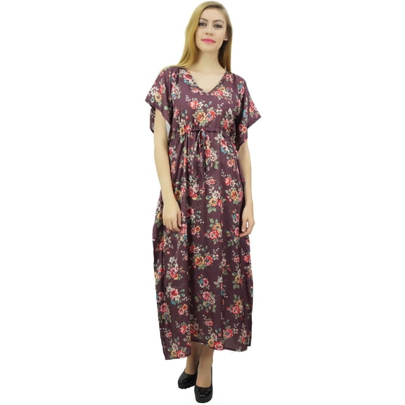 Bimba Women's Long Satin Maxi Drawstring Floral Kaftan Kimono Wine Gown - 18