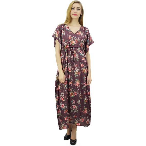 Bimba Women's Long Satin Maxi Drawstring Floral Kaftan Kimono Wine Gown - 20