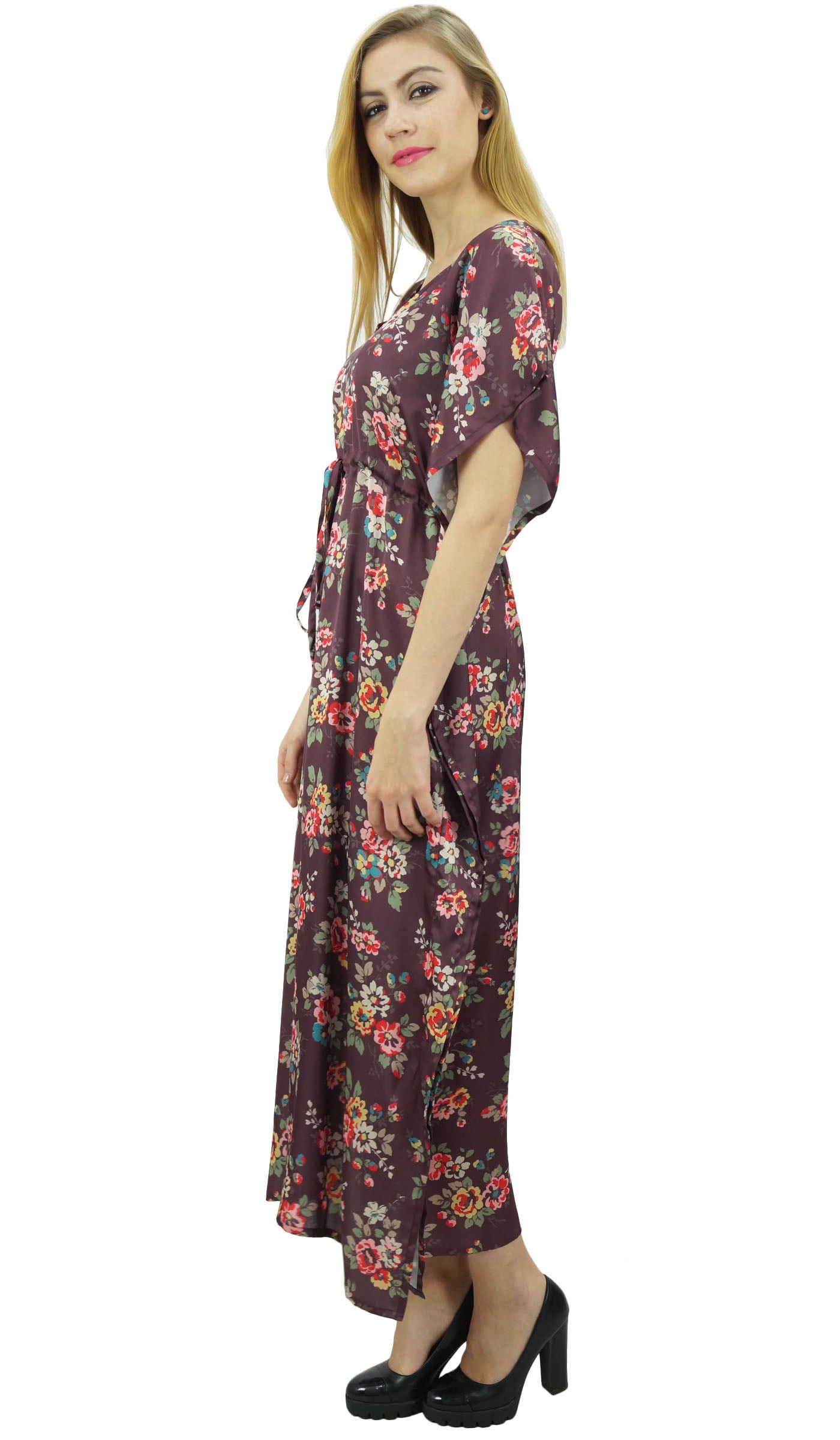 Bimba Women S Long Satin Maxi Drawstring Floral Kaftan Kimono Wine Gown 8 Walmart Com