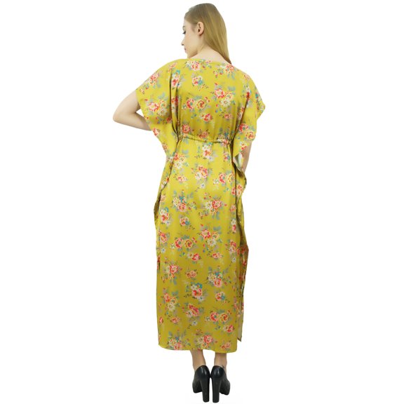 Bimba Women's Long Satin Maxi Drawstring Floral Kaftan Kimono Yellow Gown - 10