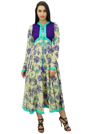 Women's Long Sleeve Maxi Dress With Attached Jacket Floral Anarkali Kurta