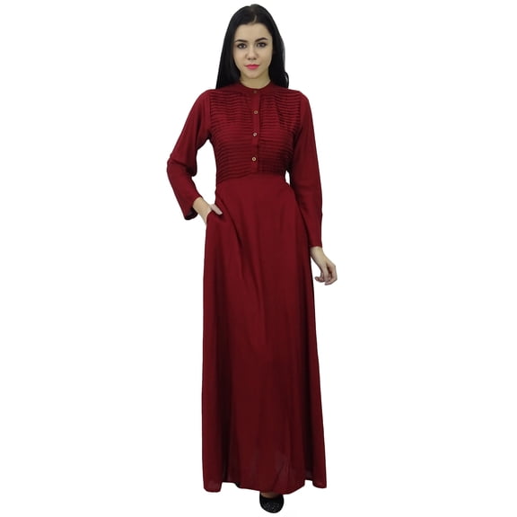 Bimba Women's Long Sleeve Maxi Mandarin Collar Plain Jilbab Dress With Pockets