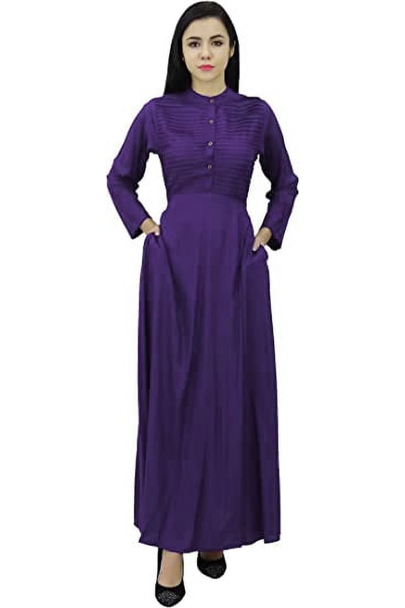 Women's Long Sleeve Maxi Mandarin Collar Plain Jilbab Dress With Pockets