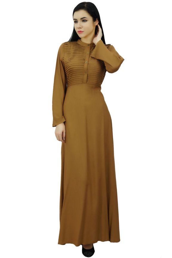 Women's Long Sleeve Maxi Mandarin Collar Plain Jilbab Dress With Pockets