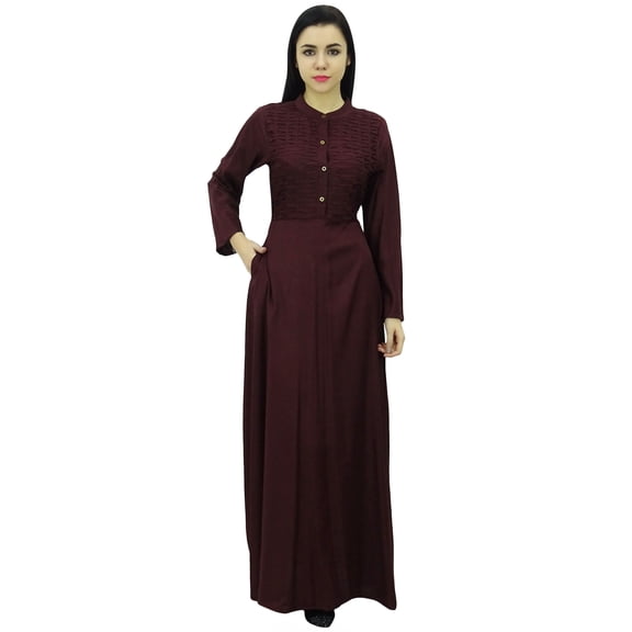 Bimba Women's Long Sleeve Maxi Mandarin Collar Plain Jilbab Dress With Pockets