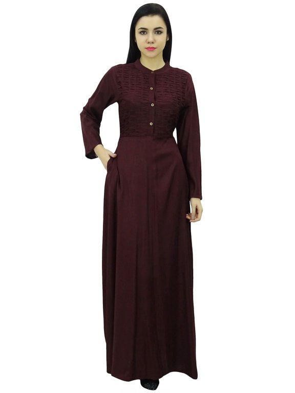 Women's Long Sleeve Maxi Mandarin Collar Plain Jilbab Dress With Pockets
