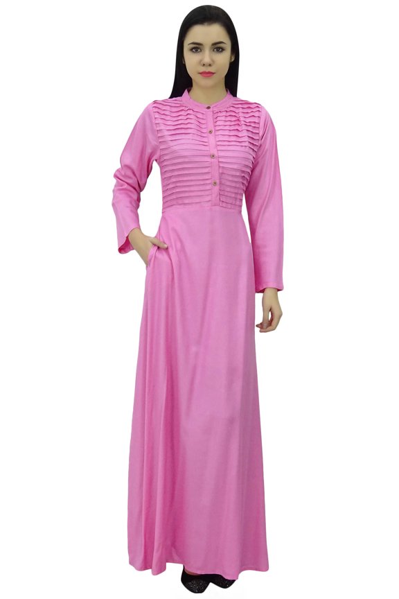 Women's Long Sleeve Maxi Mandarin Collar Plain Jilbab Dress With Pockets