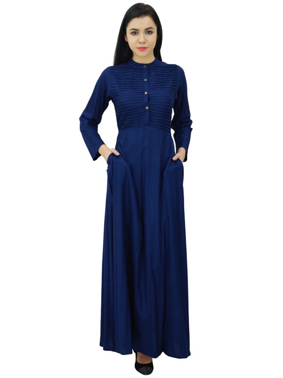 Women's Long Sleeve Maxi Mandarin Collar Plain Jilbab Dress With Pockets