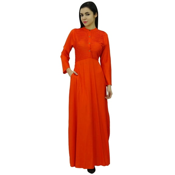 Bimba Women's Long Sleeve Maxi Mandarin Collar Plain Jilbab Dress With Pockets