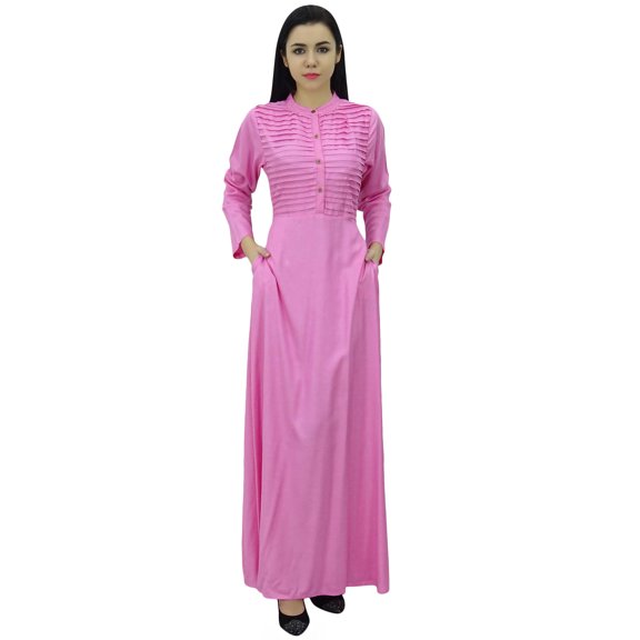 Bimba Women's Long Sleeve Maxi Mandarin Collar Plain Jilbab Dress With Pockets