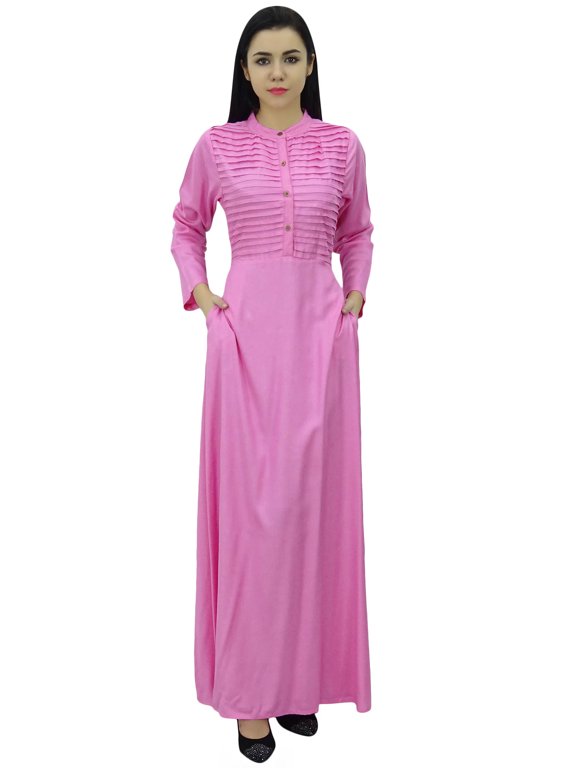 Women's Long Sleeve Maxi Mandarin Collar Plain Jilbab Dress With Pockets