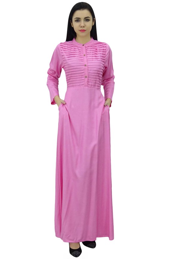 Women's Long Sleeve Maxi Mandarin Collar Plain Jilbab Dress With Pockets