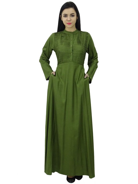 Women's Long Sleeve Maxi Mandarin Collar Plain Jilbab Dress With Pockets