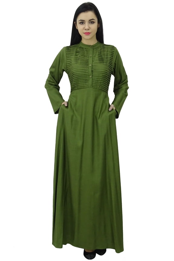 Women's Long Sleeve Maxi Mandarin Collar Plain Jilbab Dress With Pockets