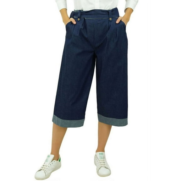 Bimba Women's Loose Casual Denim Culotte Capri Pants With Back Elastic Waist Navy Blue - Small