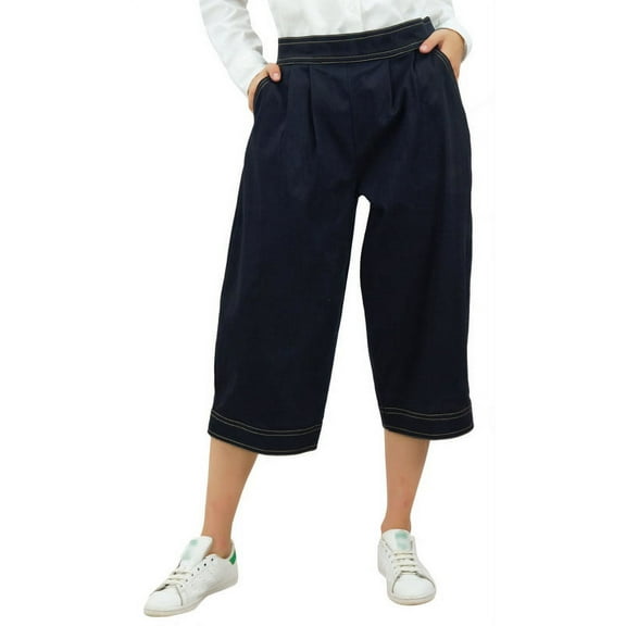 Bimba Women's Loose Casual Denim Culotte Capri Pants With Back Elastic Waist Navy Blue - XX-Large