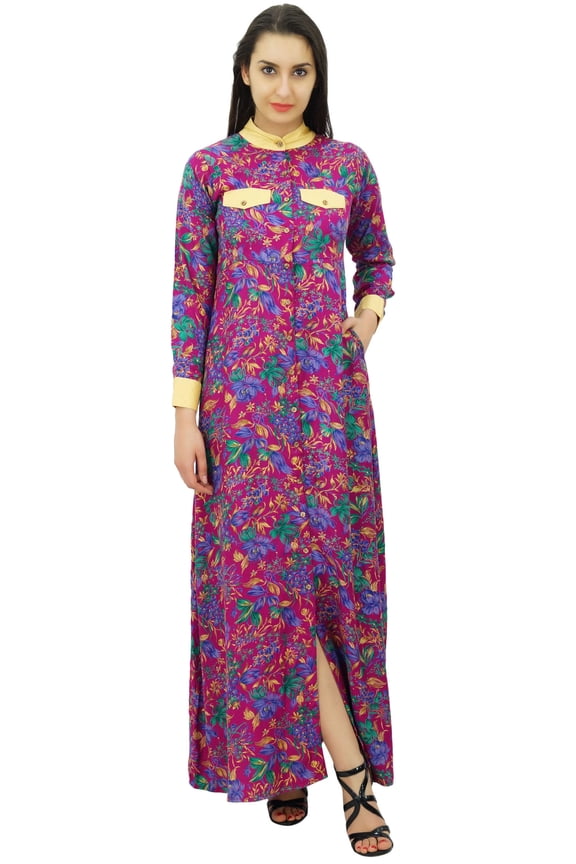 Women's Mandarin Collar Button Down Maxi Dress Winter Jilbab With Pockets