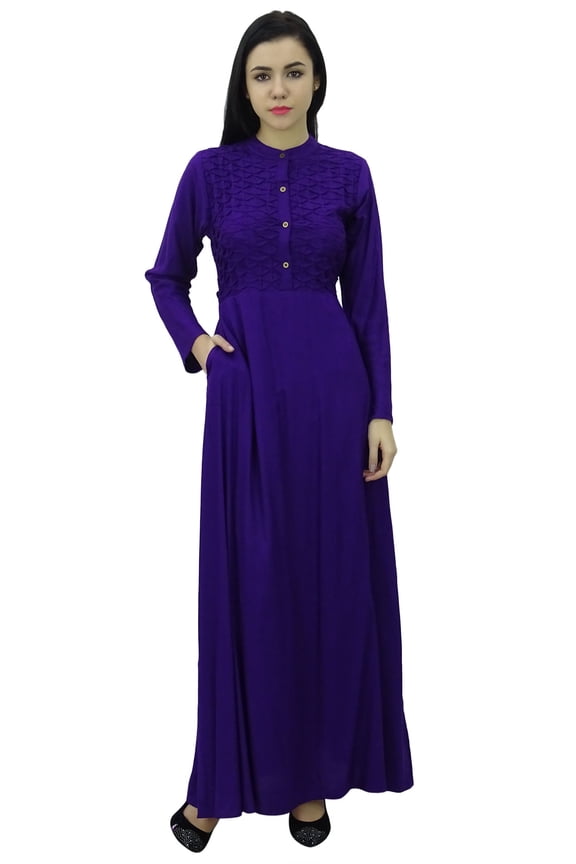Women's Mandarin Collar Plain Jilbab Dress With Pockets Full Sleeve Maxi