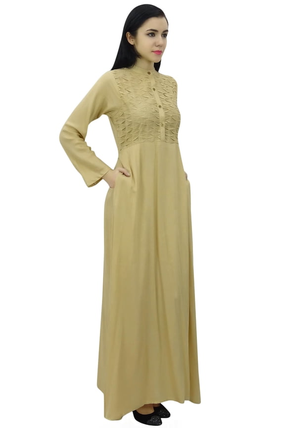 Women's Mandarin Collar Plain Jilbab Dress With Pockets Full Sleeve Maxi