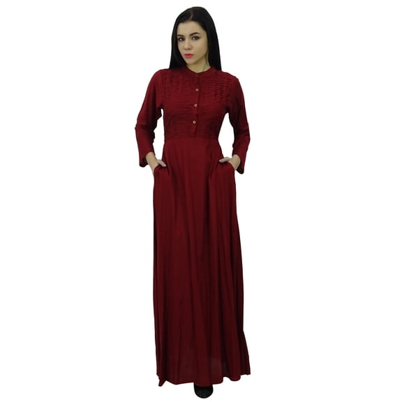 Bimba Women's Mandarin Collar Plain Jilbab Dress With Pockets Full Sleeve Maxi