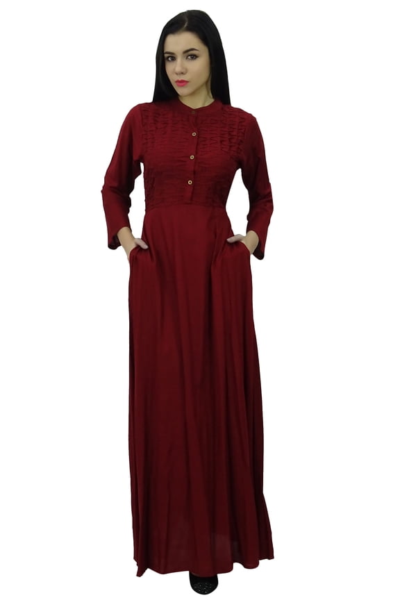Women's Mandarin Collar Plain Jilbab Dress With Pockets Full Sleeve Maxi