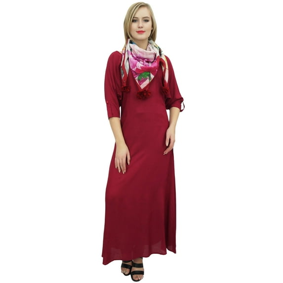 Bimba Women's Maroon Boho Maxi Dress With Tassel Scarf Casual Summer Wear-24