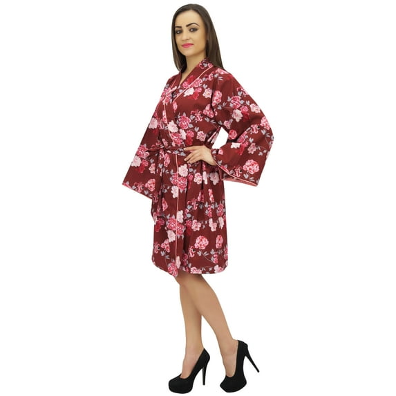 Bimba Women's Maroon Kimono Robe With Belt Floral Print Sleepwear Coverup - 10