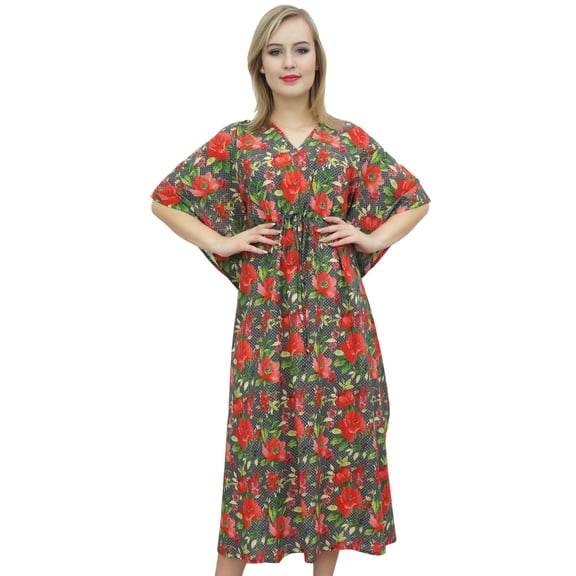 Bimba Women's Maxi Floral Long Kaftan Dark Gray Caftan Dress Cotton Coverup-8
