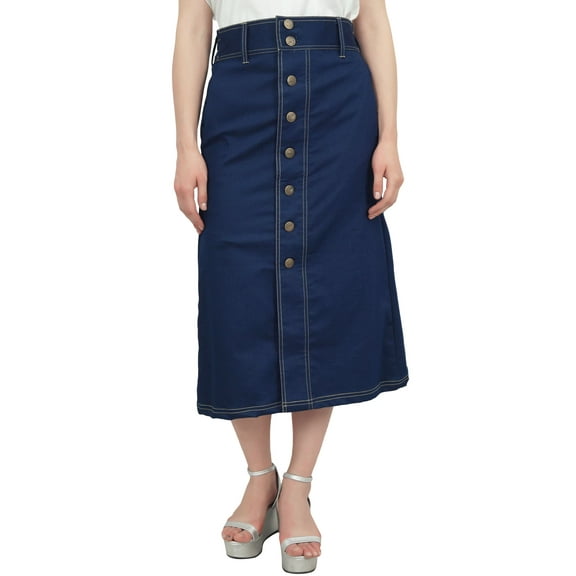 Bimba Women's Mid-Calf A-Line Denim Skirt Elastic Waist Casual Summer Wear-S