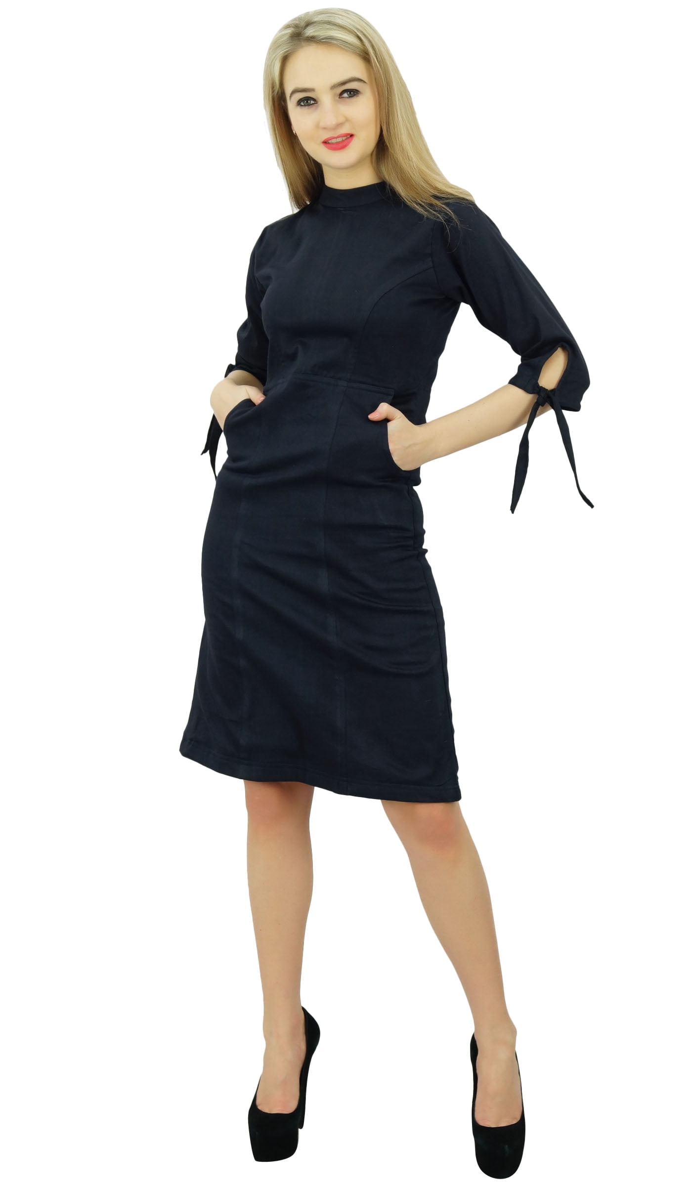 black cotton spandex dress Lafayette 148 Shift Dress Cotton Spandex Blend Knee 3/4 Sleeve w Tie Black  S