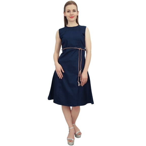 Bimba Women's Navy Blue Knee Length Sleeveless A-Line Dress With Tie Waist Dori - 16