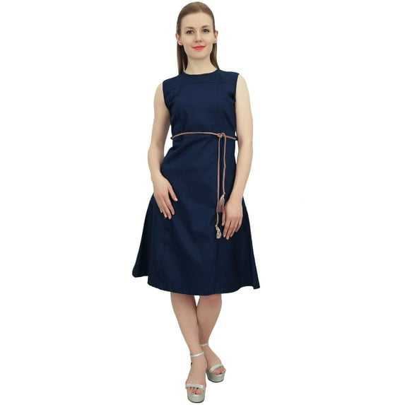 Bimba Women's Navy Blue Knee Length Sleeveless A-Line Dress With Tie Waist Dori - 26
