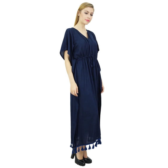 Bimba Women's Navy Blue Rayon Solid Tassel Kaftan Kimono Long Maxi Dress - 12