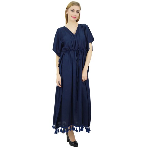 Bimba Women's Navy Blue Rayon Solid Tassel Kaftan Kimono Long Maxi Dress - 14
