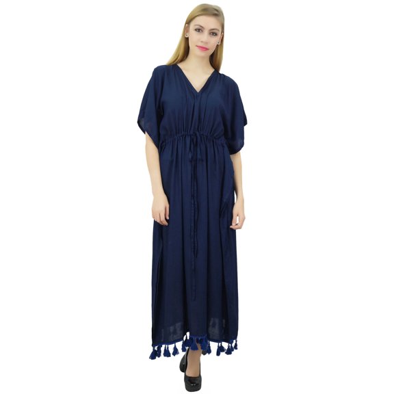 Bimba Women's Navy Blue Rayon Solid Tassel Kaftan Kimono Long Maxi Dress - 18