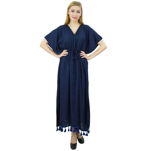 Bimba Women's Navy Blue Rayon Solid Tassel Kaftan Kimono Long Maxi Dress - 24