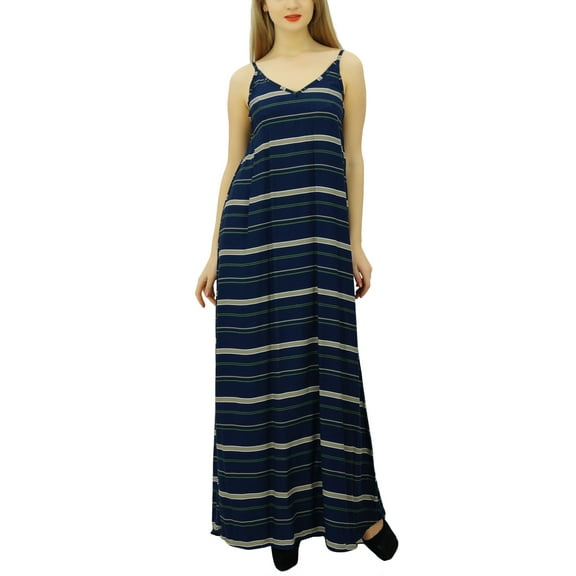 Bimba Women's Navy Blue V Neck Spaghetti Straps Maxi Dress Beach Wear