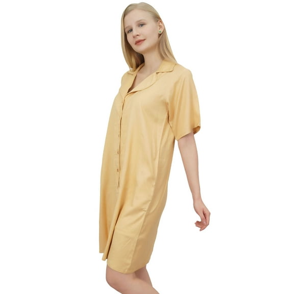 Bimba Women's Nightwear Beige Shirt Short Sleeve Dress With Pockets Sleepwear-16