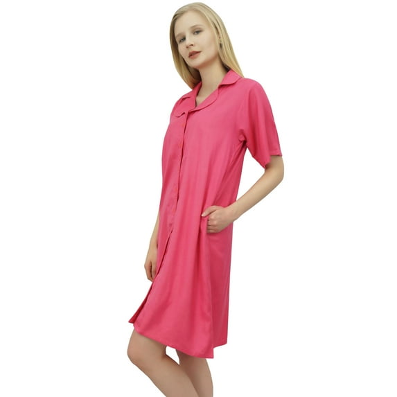 Bimba Women's Notched Collar Peach Sleepshirt Night Dress With Pockets Dress-6