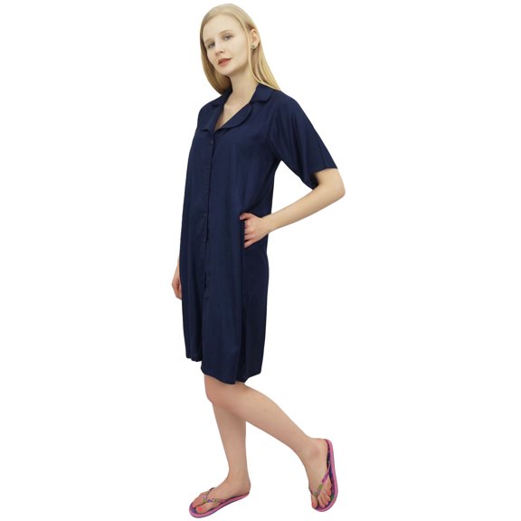Bimba Women's Notched Collar Shirt Navy Blue Sleepshirt Nighty With Pockets-4