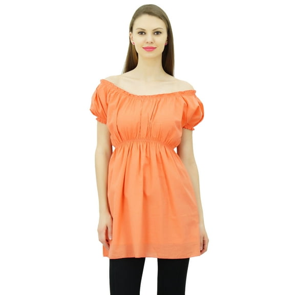 Bimba Women's Off shoulder Puff Sleeve Tops Elastic Waist Blouse Cotton Tunic