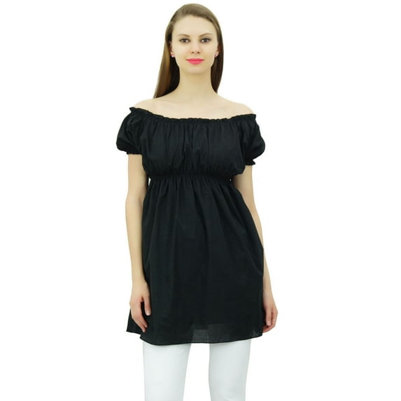 Bimba Women's Off shoulder Puff Sleeve Tops Elastic Waist Blouse Cotton Tunic