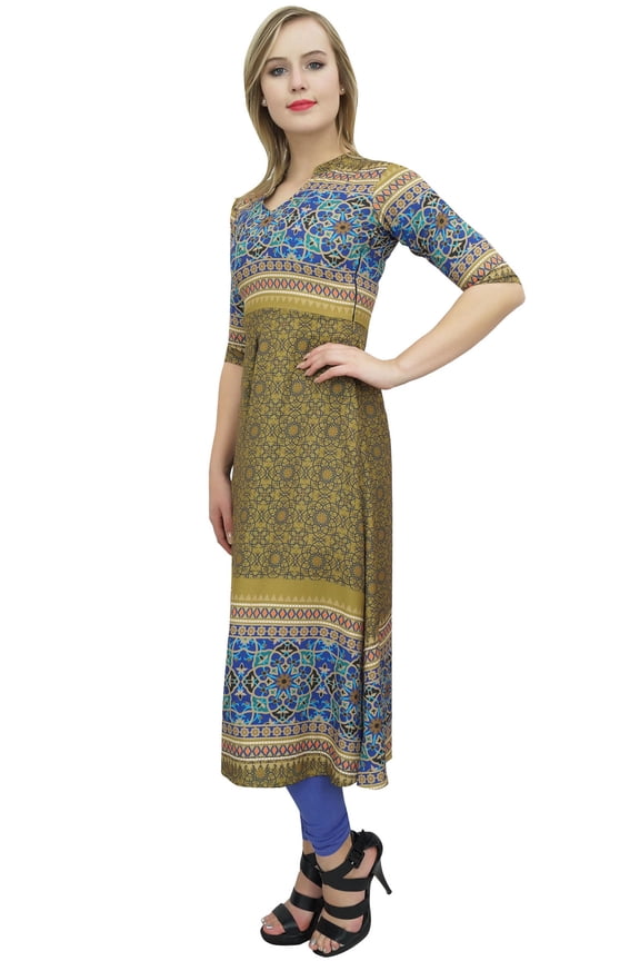 Women's Olive Green Designer Tunic Printed A-Line Kurti Kurta Dress-22