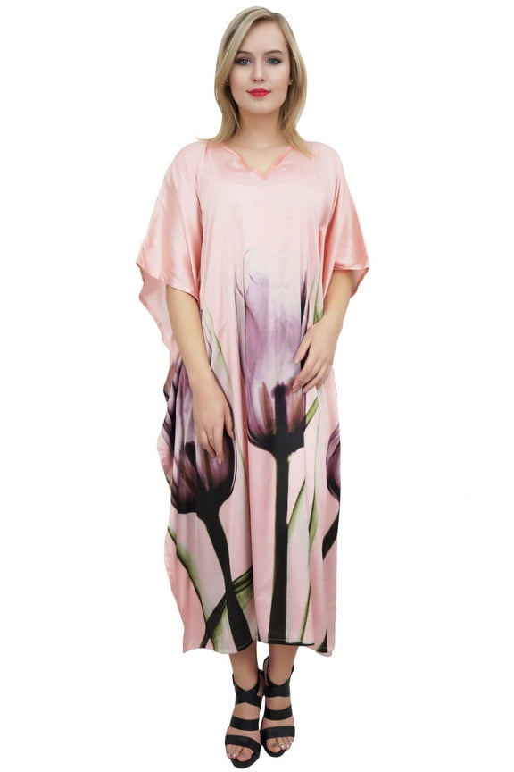 Women's Peach Caftan Coverup Dress Floral Satin Designer Long Kaftan-8