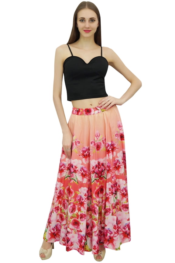 Women's Peach Floral Printed Cotton Elastic Waist Designer Skirt-S