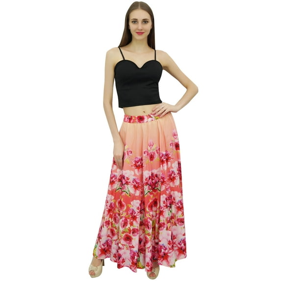 Bimba Women's Peach Floral Printed Cotton Elastic Waist Designer Skirt-S