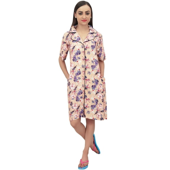 Bimba Women's Peach Sleepshirt Short Sleeve Floral Print Nightwear With Pockets - 4