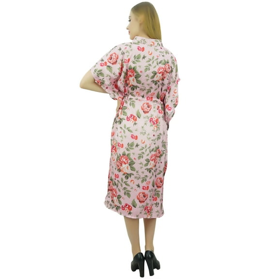 Bimba Women's Pink Floral Mid Calf Length Drawstring Kimono Kaftan Dress - 10